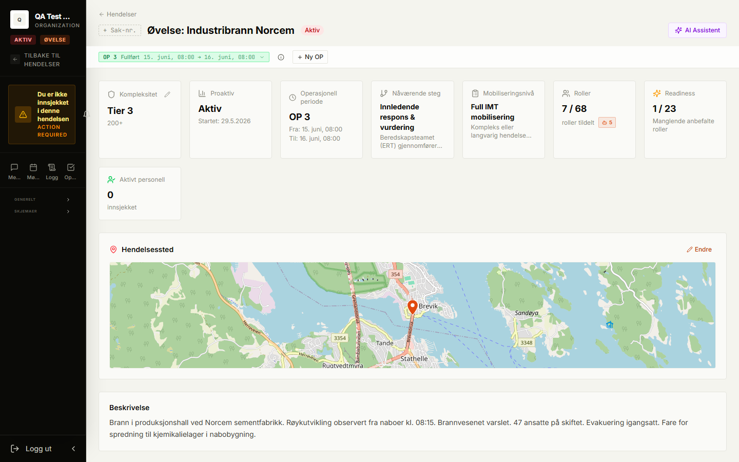 Hendelsesoversikt i Rapid Response med status, operasjonsperiode og ressursliste.